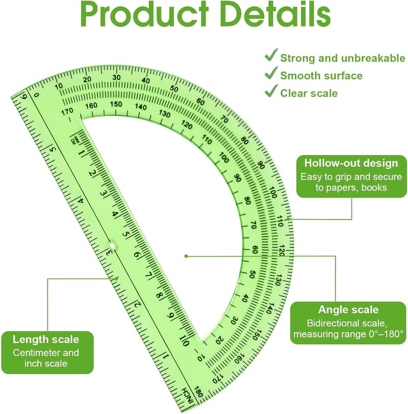 Hoiny 10 Pack Clear Protractor, 6 Inch Plastic Protractors, 180 Degrees Accurate Math Geometry Tools for School, Office, Classroom (Green) - Image 3